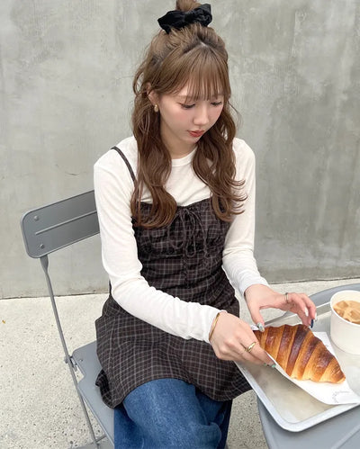 Shirred check sleeveless mini dress