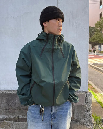 Diagonal zip hooded windbreaker