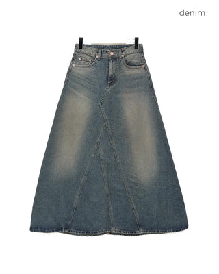 Stitched flared long denim skirt