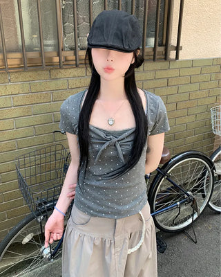 Lace trim polka dot front ribbon short-sleeved T-shirt