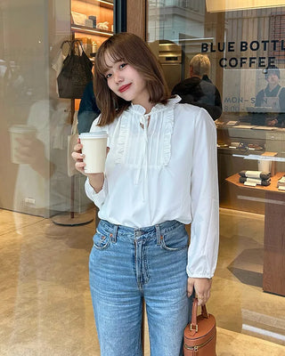 Frill neck ribbon blouse