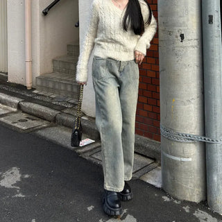 Fleece-lined wide-leg denim pants