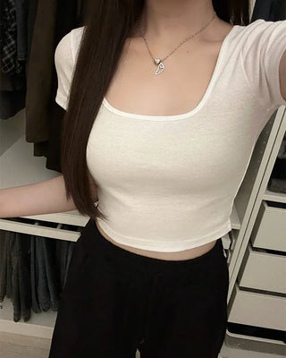Square neck crop short-sleeved T-shirt