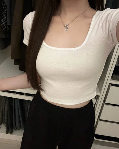 Square neck crop short-sleeved T-shirt