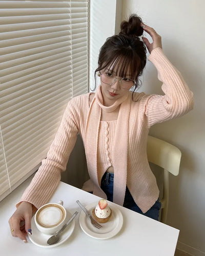 Ribbed cardigan and scarf set
