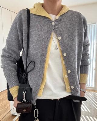 Layered knit hooded cardigan