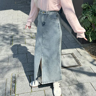 Slit Washed Denim Long Skirt