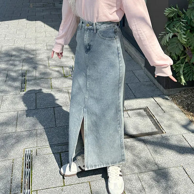 Slit Washed Denim Long Skirt