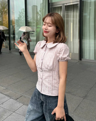 Round collar check short-sleeved blouse
