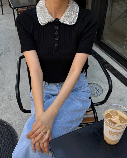 Pearl-embellished color-accented short-sleeved knit