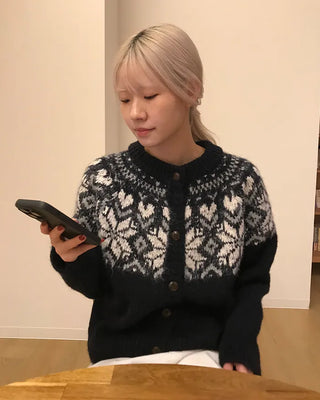 Colored Neck Nordic Knit Cardigan