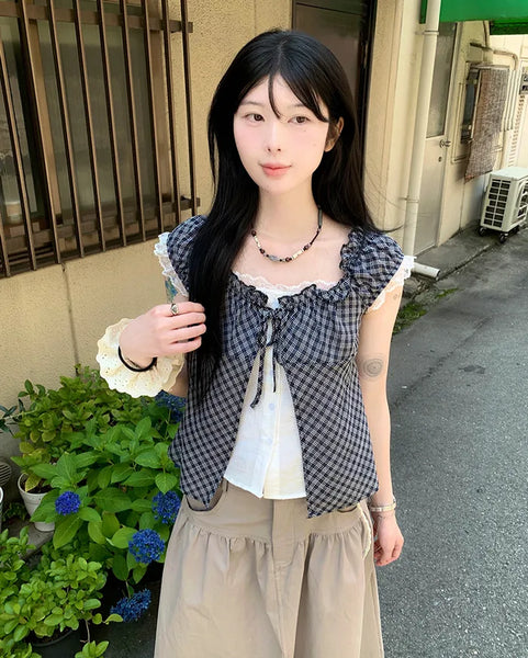Checked layered off-shoulder blouse