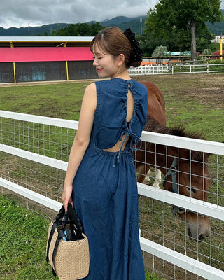 Back-slit denim long dress