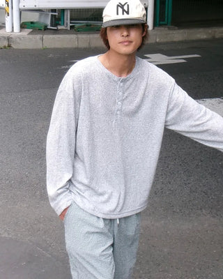 Sheer Henley Neck Long T-Shirt