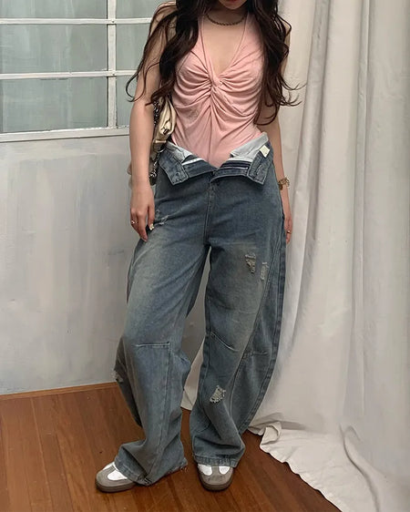 Washed distressed wide-leg denim pants