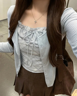 Check sleeveless cardigan set