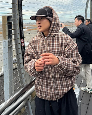 Boa-lined check hooded jacket