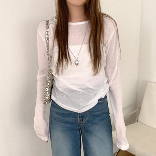 Ribbed sheer long-sleeve T-shirt