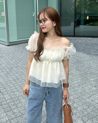 Organza Shirred Off-Shoulder Blouse