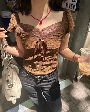 Cup-attached lace ribbon shirred top