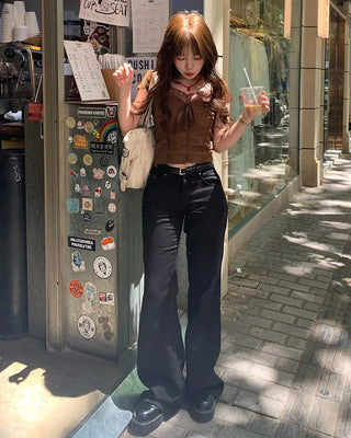 Low-waist semi-wide cotton pants