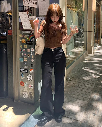 Low-waist semi-wide cotton pants