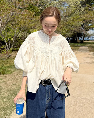 Jacquard lace balloon flare blouse