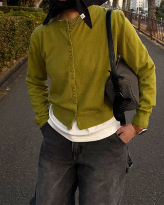 Anti-pilling color crew neck cardigan