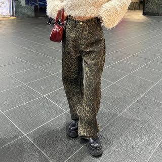 Leopard print semi-wide pants