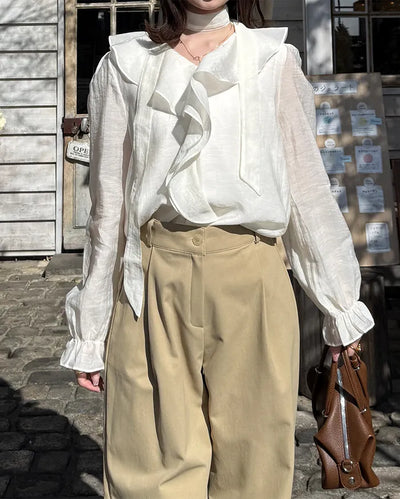 Strap V-neck shirred blouse