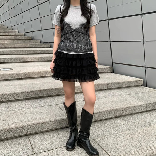 [Pants-style lining] Chiffon tiered mini skirt