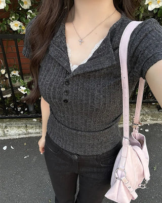 Lace-layered short-sleeved T-shirt