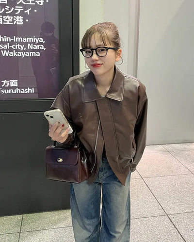 Oversized Collar Faux Leather Jacket