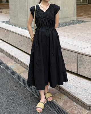 V-neck shirred long dress