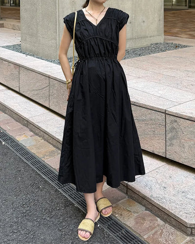 V-neck shirred long dress