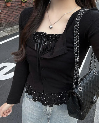 Polka Dot Frill Sleeveless Top & Cardigan Set