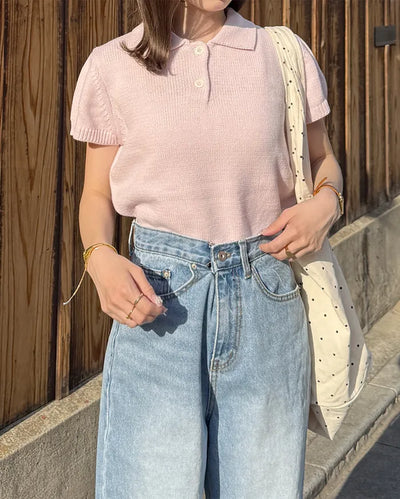 Color Button Point Short-Sleeve Knit