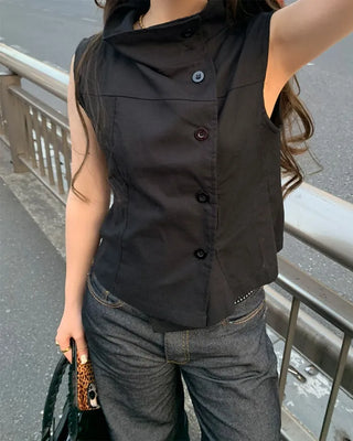 High-neck button-down sleeveless top
