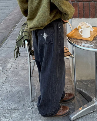 Striped embroidered wide-leg pants