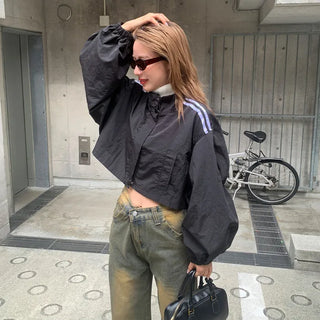 Shoulder Two-Line Cropped Zip-Up
