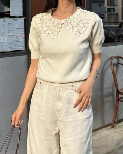 Lace Collar Puff Short Sleeve Knit
