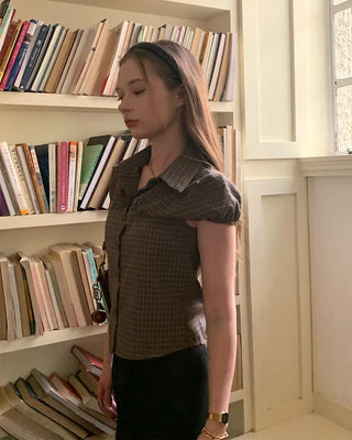 Checked cap-sleeve shirt blouse