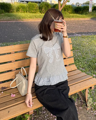 Checked ribbon frill short-sleeved T-shirt