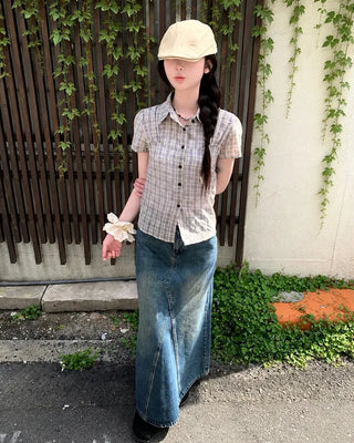 Chest Shirring Check Short-Sleeve Shirt