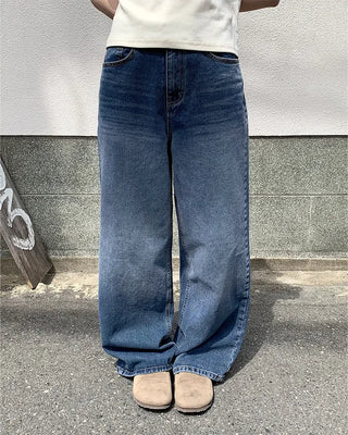 Washed denim wide-leg pants