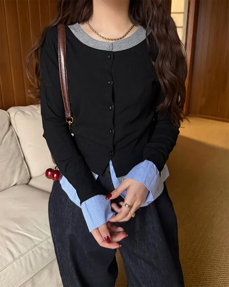 Shirt-layered cardigan