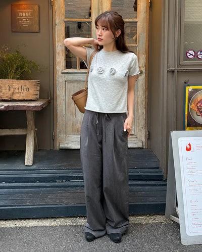 Striped pintuck wide-leg pants