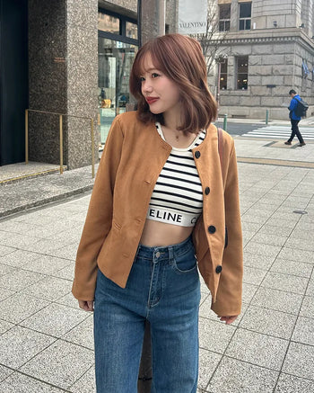Collarless suede jacket