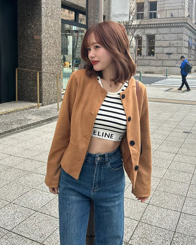 Collarless suede jacket