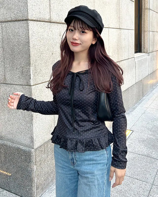 Ribbon Tie Dot Frill T-Shirt